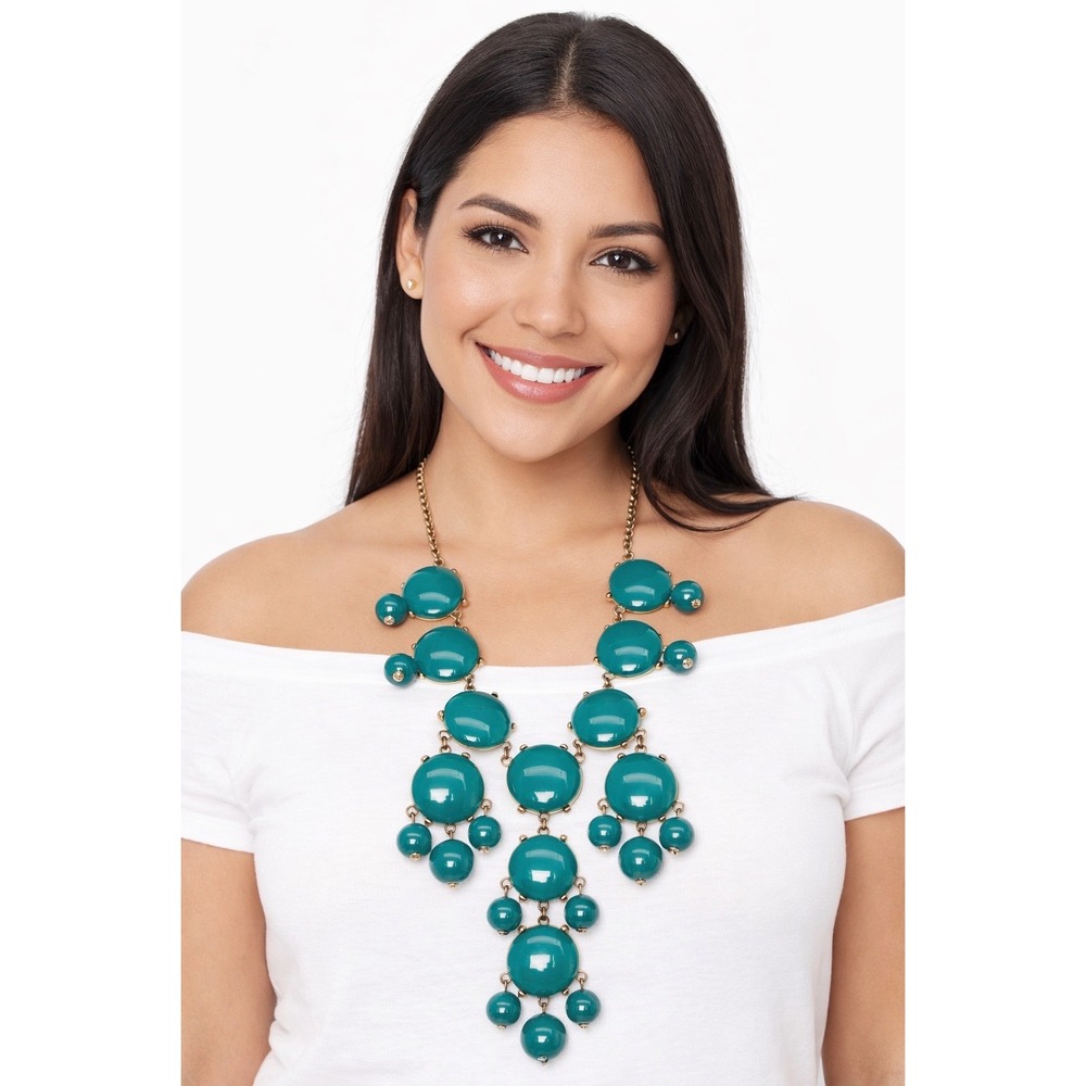 Teal Green Bubble Necklace Gold Tone Resin Cabochon Bib Chic Vintage‎ 103-101